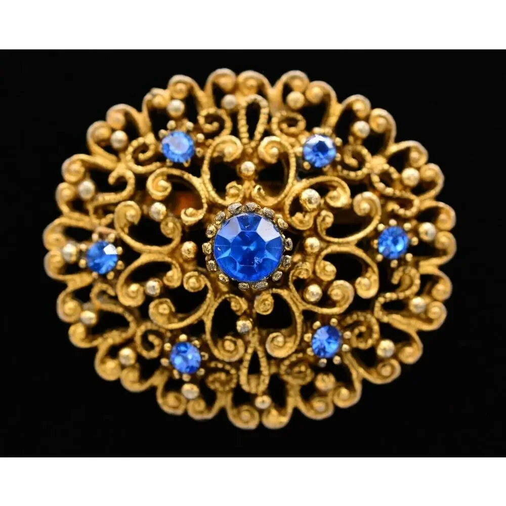 JJ Vintage Pin Brooch Blue Rhinestone Crystal Antiqued Gold Signed 1980s Bin7
